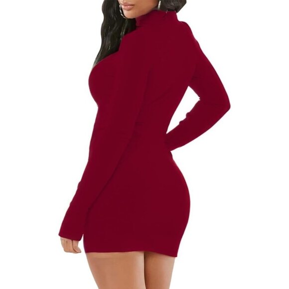 Women's Burgundy Mock Neck Cocktail Pencil Bodycon Long Sleeve Night Dresses - Picture 4 of 5